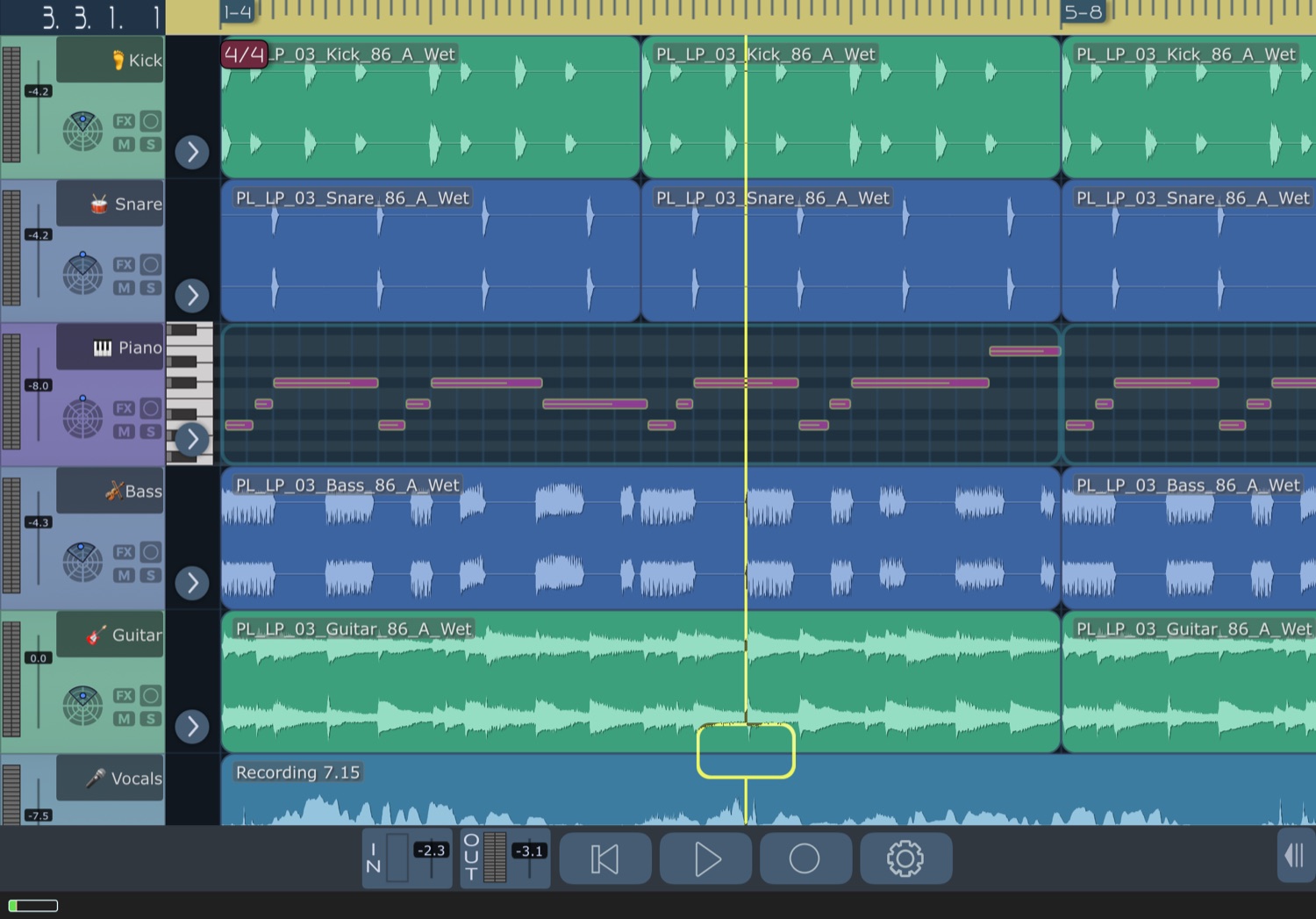 MultiTrack on iPad: the timeline of a song with Kick, Snare, Piano, Bass, Guitar and Vocals tracks, audio waveforms, a MIDI piano clip and the transport controls