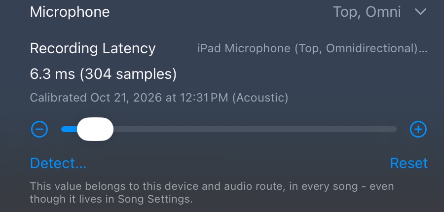 The Recording Latency setting at 6.3 ms (304 samples), with a slider and the Detect and Reset buttons