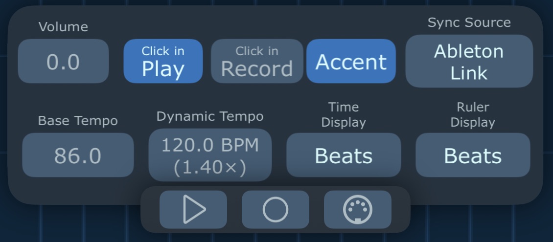 The metronome panel with Sync Source set to Ableton Link, a base tempo of 86.0 and the Dynamic Tempo reading 120.0 BPM, 1.40 times the base tempo