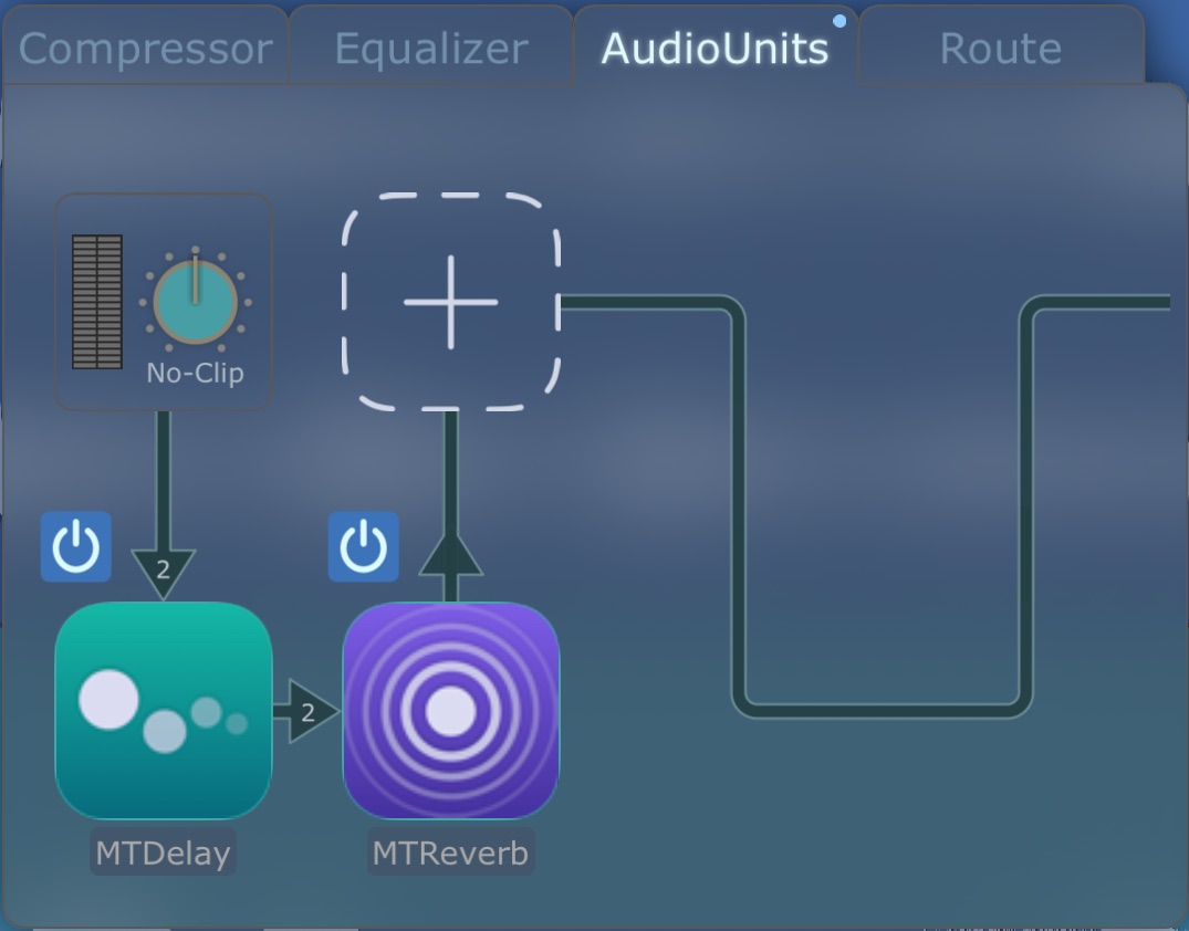 A track's plugin chain on the AudioUnits tab: No-Clip, MTDelay and MTReverb connected in line, and an empty slot with a plus sign for the next plugin